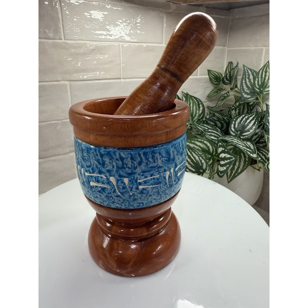 Wood Mortar & Pestle Pilon Blue White Painted Band Large Rustic Kitchen Decor